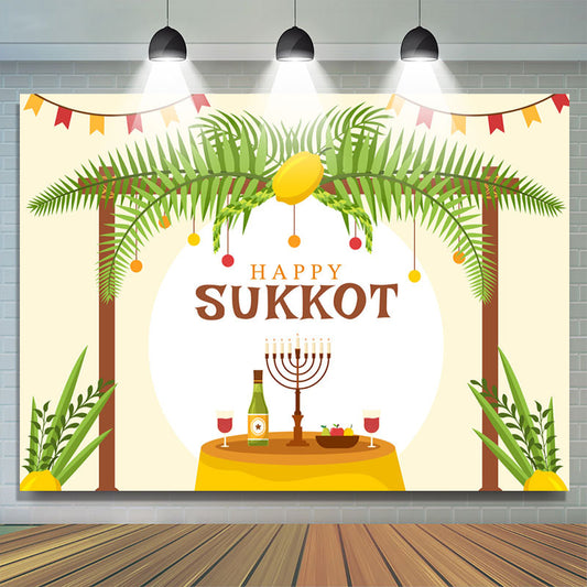 Lofaris Table Candlestick Green Leaves Beige Sukkot Backdrop
