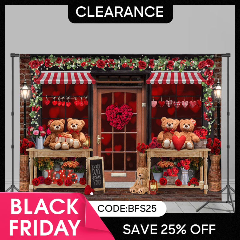 Lofaris (Ship In 24HR) Teddy Bear And Floral Love Store Valentines Backdrop
