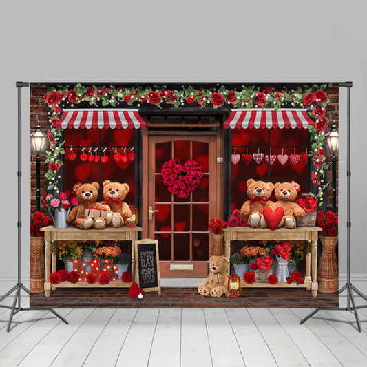 (Ship In 24HR) Teddy Bear And Floral Love Store Valentines Backdrop