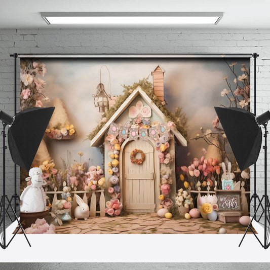 Lofaris Tender Pink Floral Wood House Photo Easter Backdrop