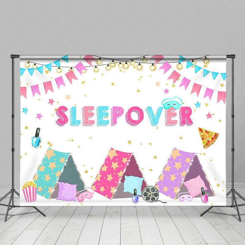 Staycation Backdrop Tents Flag Glitter Stars Sleepover Party Backdrop - Lofaris