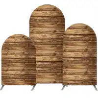 Three connected wooden arch-shaped panels with a rustic slatted design.