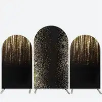 Three-panel decorative screen with black and gold glitter curtain-like design.