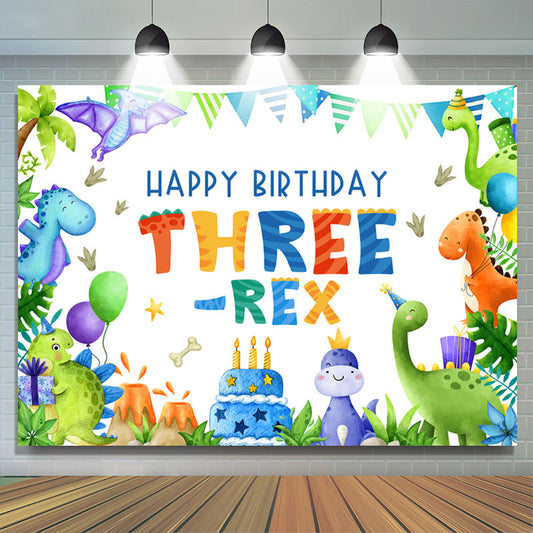 Lofaris Three Rex Cartoon Dinosaur Boy 3rd Birthday Backdrop
