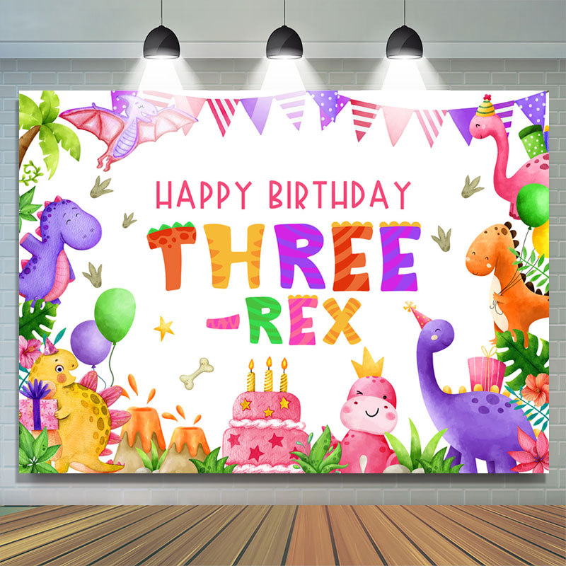 Lofaris Three Rex Cute Dinosaur Girl 3rd Birthday Backdrop