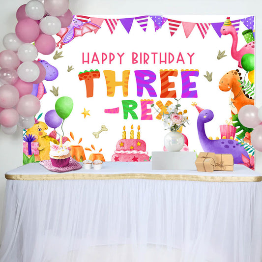 Lofaris Three Rex Cute Dinosaur Girl 3rd Birthday Backdrop