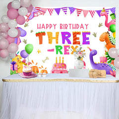 Lofaris Three Rex Cute Dinosaur Girl 3rd Birthday Backdrop