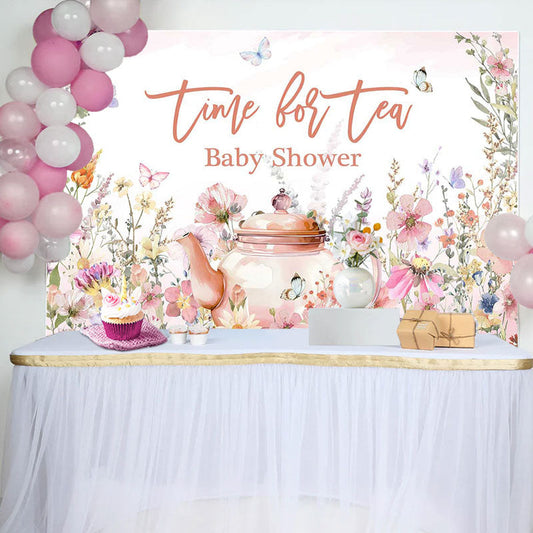 Lofaris Time For Tea Butterfly Floral Baby Shower Backdrop
