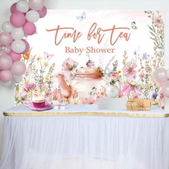 Lofaris Time For Tea Butterfly Floral Baby Shower Backdrop