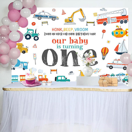 Lofaris Toy Car Our Baby Is Turning One Birthday Backdrop