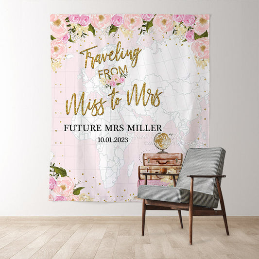 Lofaris Traveling Sweet Pink Floral World Map Bridal Shower Backdrop