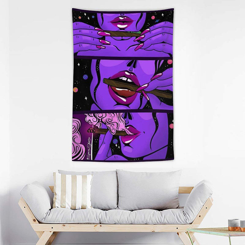 Lofaris Trippy Smoke Cool Girl Art Purple Hippy Wall Tapestry