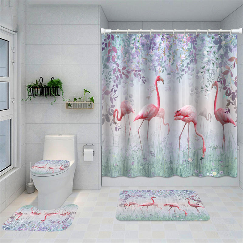 Lofaris Tropical Eucalyptus Leaves Inch Flamingo Bath Curtain