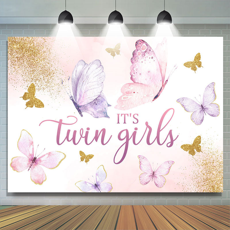 Lofaris Twin Girls Butterfly Glitter Baby Shower Backdrop