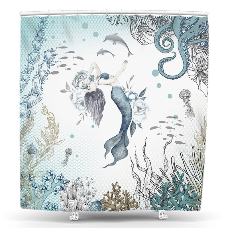 Lofaris Undersea Mermaid Aquatic Animal Shower Curtainop