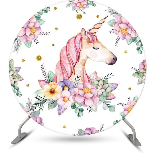 Lofaris Unicorn Floral Leaves White Round Birthday Backdrop