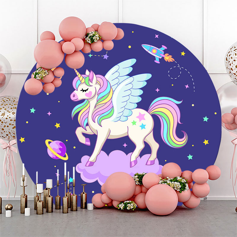 Lofaris Unicorn Purple Round Birthday Party Backdrop Cover