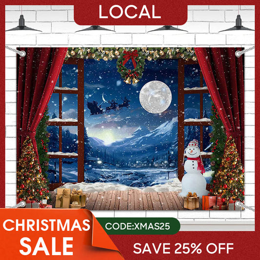 Lofaris (7 Day Delivery) Red Curtain Snowy Window Night Christmas Backdrop