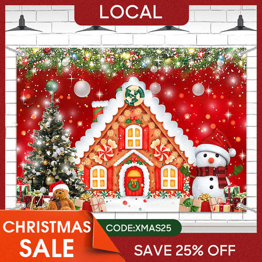 Lofaris (7 Day Delivery) Red Festive Christmas Gingerbread House Backdrop