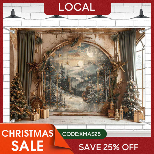 Lofaris (7 Day Delivery) Retro Snowy Forest Mural Wall Christmas Vibe Backdrop
