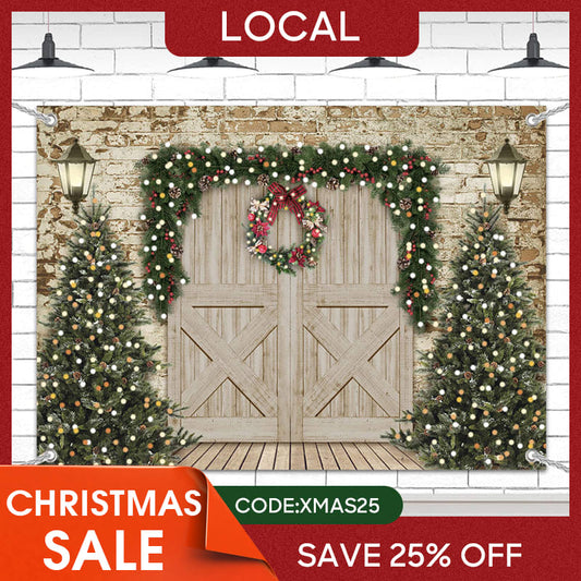 Lofaris (7 Day Delivery) Retro Wooden Beige Door Tree Christmas Vibe Backdrop