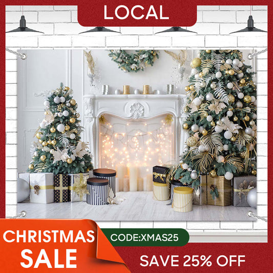 Lofaris (7 Day Delivery) White Indoor Scene Christmas Fireplace Tree Backdrop