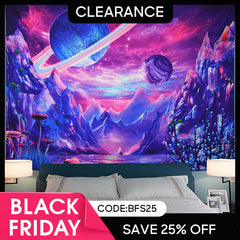 (Ship In 24HR) UV Blacklight Mushroom Planet Tapestry for Living Room Decor