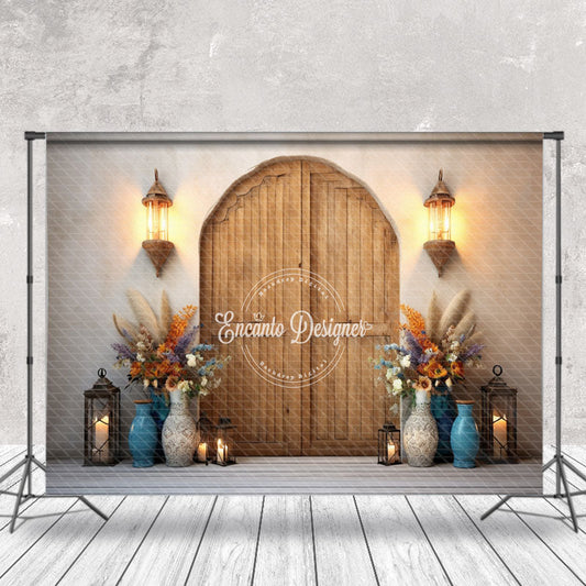 Lofaris Vase Plant Lights Wood Door Boho Photo Backdrop