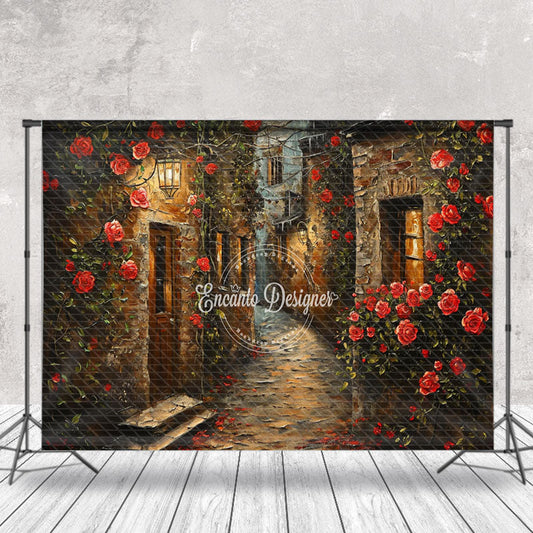 Lofaris Vintage Alley Red Rose Leaves Valentines Day Backdrop