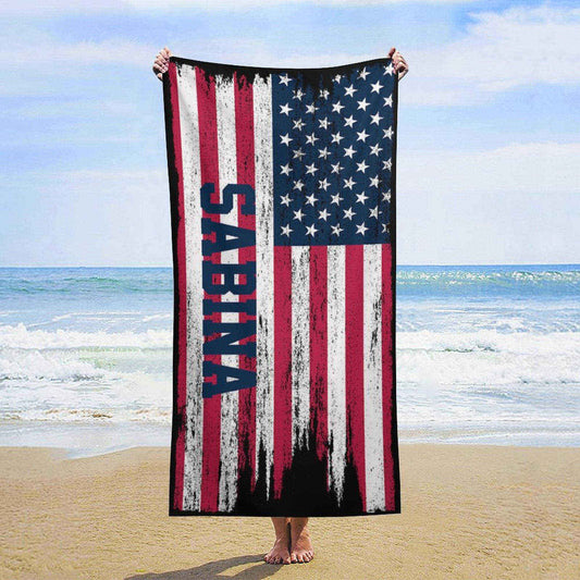 Lofaris Vintage American Flag Personalized Name Beach Towel