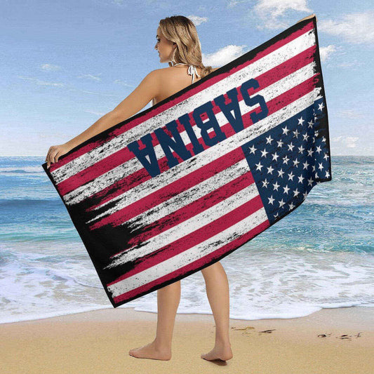 Lofaris Vintage American Flag Personalized Name Beach Towel