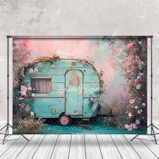 Lofaris Vintage Blue RV Pink Flower Spring Photo Backdrop
