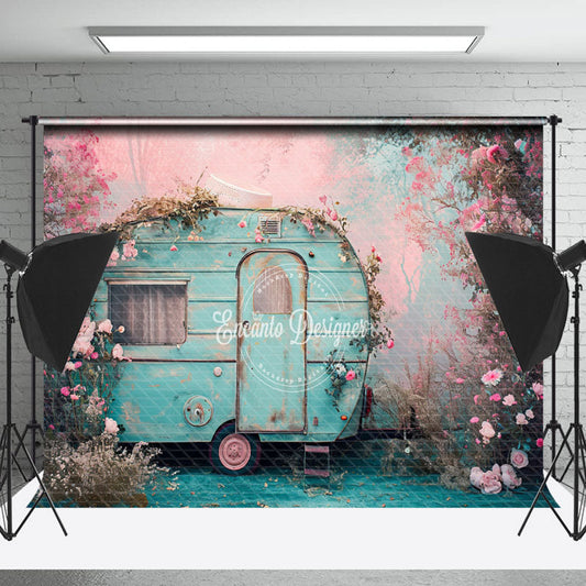 Lofaris Vintage Blue RV Pink Flower Spring Photo Backdrop