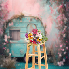 Lofaris Vintage Blue RV Pink Flower Spring Photo Backdrop