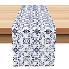 Lofaris Vintage Blue White Leaf Patterns Rustic Table Runner