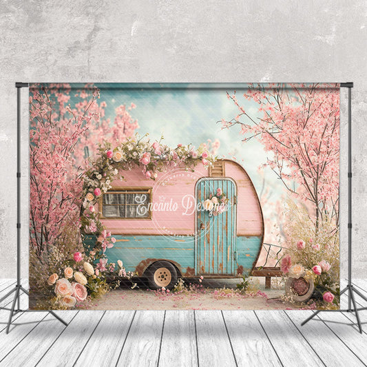 Lofaris Vintage Pink Blue RV Peach Flower Spring Backdrop