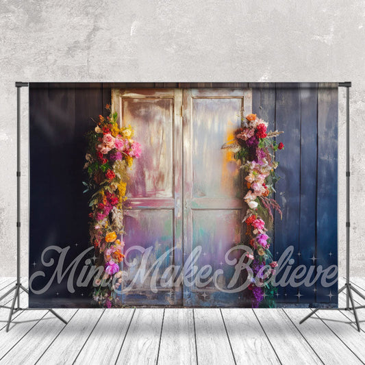 Lofaris Vintage Rainbow Floral Door Grey Wood Wall Backdrop