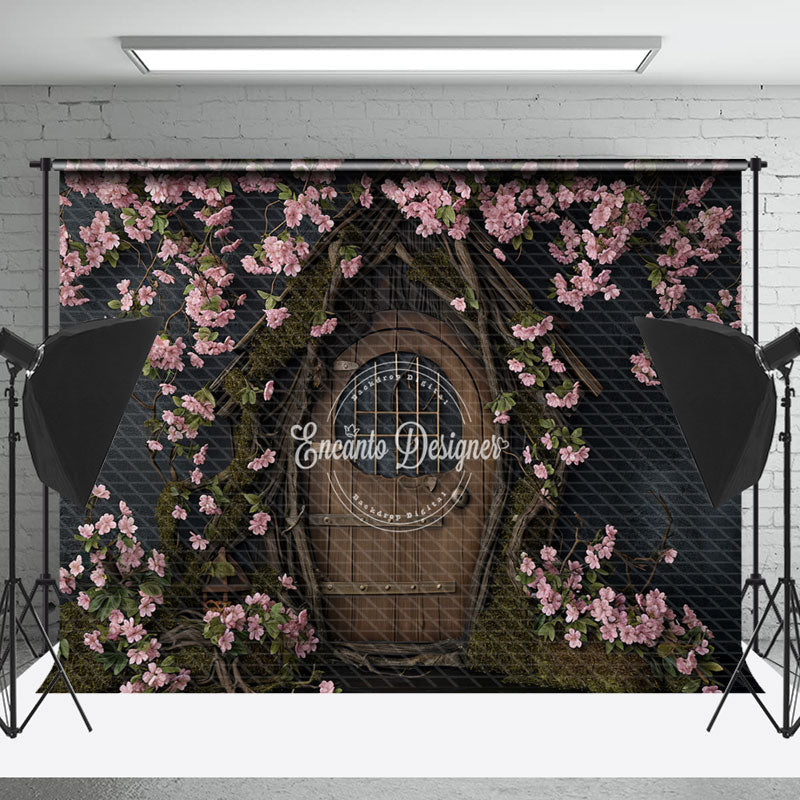 Lofaris Vintage Wooden House With pink flowers Spring Backdrop