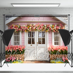 Lofaris Warm Pink House Wood Door Flower Photo Backdrop