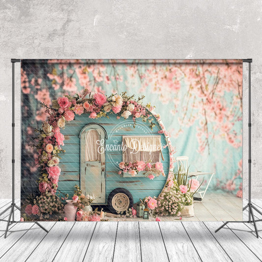 Lofaris Warm Pink Peach Flower Retro Blue RV Spring Backdrop