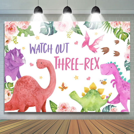 Lofaris Watch Out Three-Rex Floral 3rd Birthday Backdrop