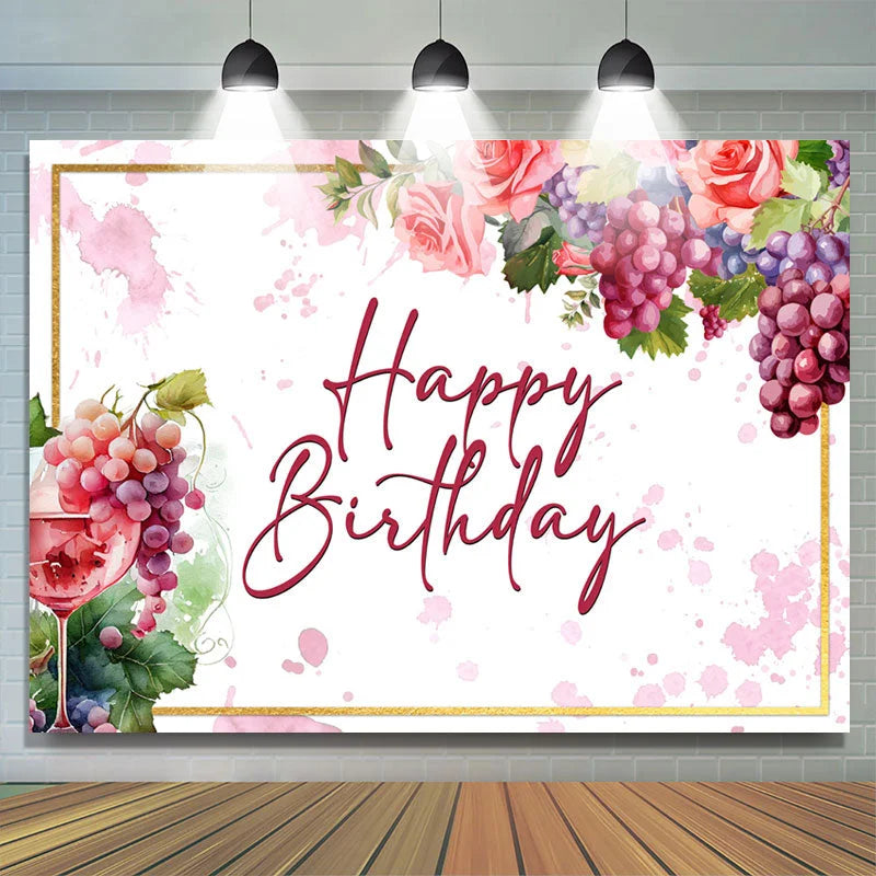 Lofaris Watercolor Floral Grape Wine Happy Birthday Backdrop