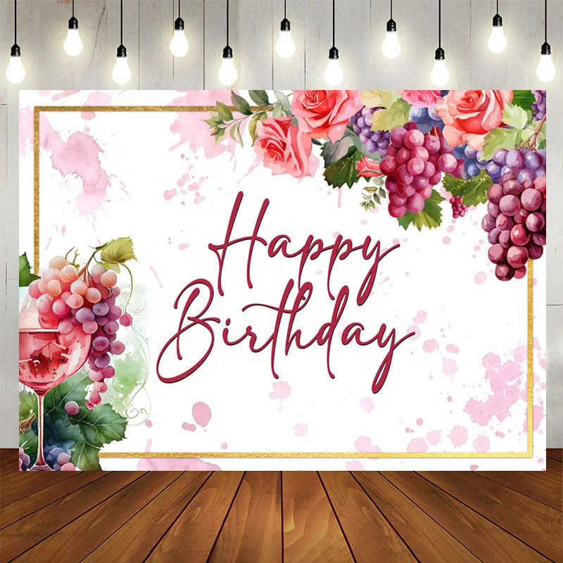 Lofaris Watercolor Floral Grape Wine Happy Birthday Backdrop