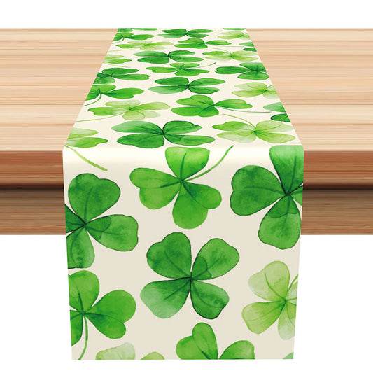 Lofaris Watercolor Green Clovers White Spring Table Runner