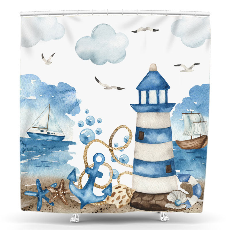 Lofaris Watercolor Lighthouse Anchor Sailing Shower Curtain