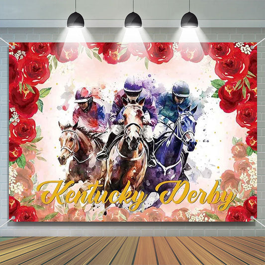 Lofaris Watercolor Red Roses Horse Kentucky Backdrop