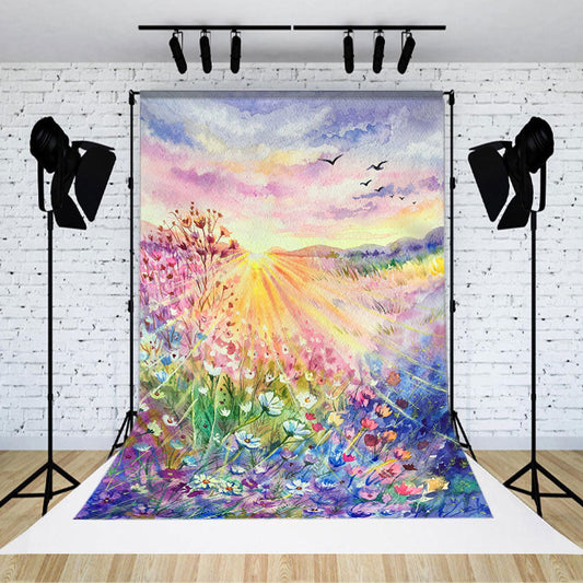 Lofaris Watercolor Spring Flower Sunrise Painting Backdrop
