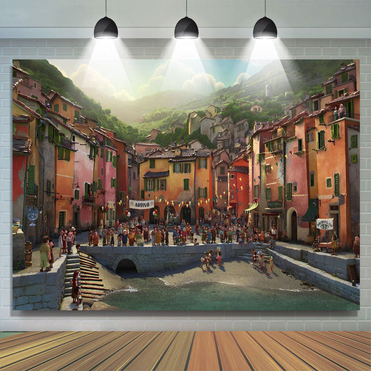 Lofaris Waterside Town Mountain Scenery Luca Backdrop For Party