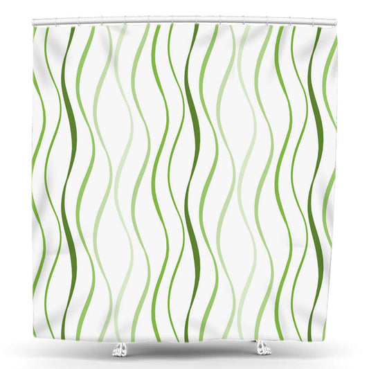 Lofaris Wave Lines Green White Shower Curtain For Bathtub