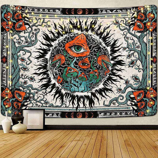 Lofaris Weird Burning Sun Eye Mushroom Mandala Tapestry